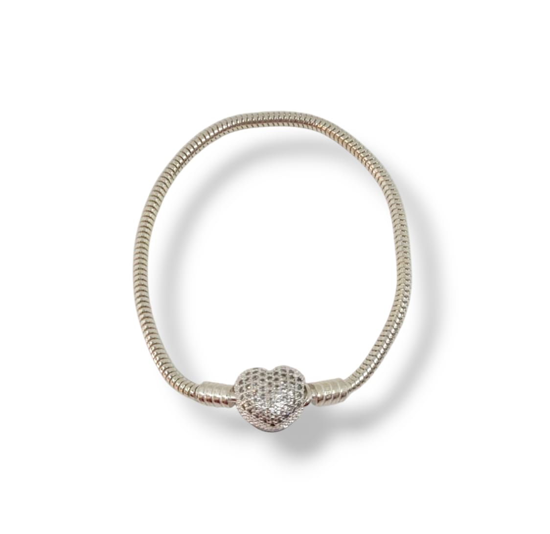 Pulseira para Berloque Fêcho coração cravejado em Prata 925