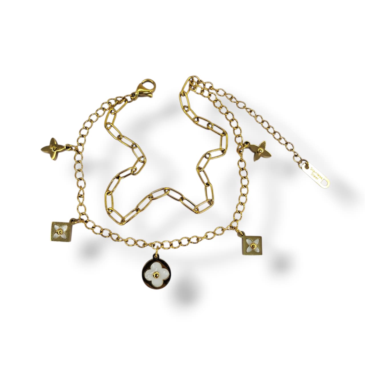 Pulseira 5 Trevos Dupla Em Aço Inoxidável Banhado A Ouro