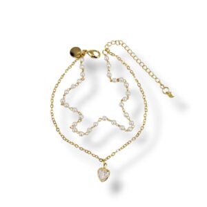 Pulseira 2 em 1 Perolinhas e Coração Cristal