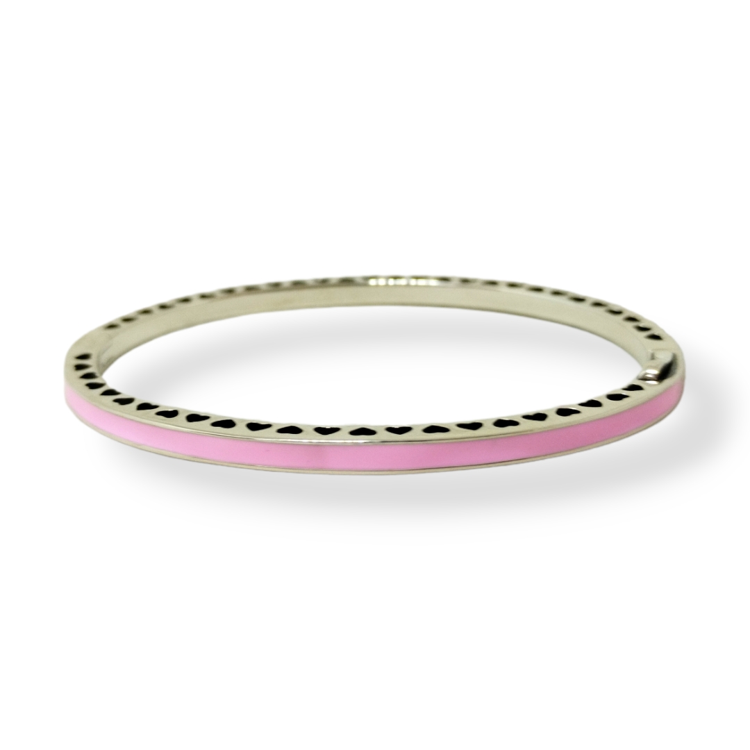 Bracelete de Corações Vazados e Resinado Rosa Cravejado em Prata 925