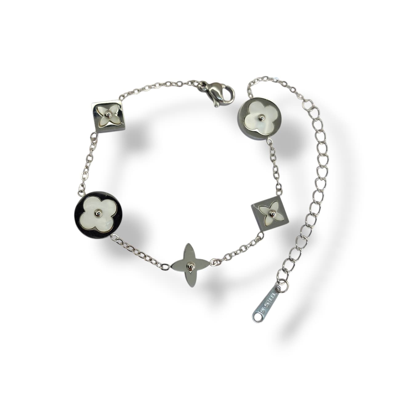 Pulseira 5 Trevos Branca em Aço Inoxidável Banhado em Rodio Branco