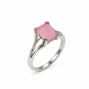 Anel Pedra Rosa Retangular em Prata